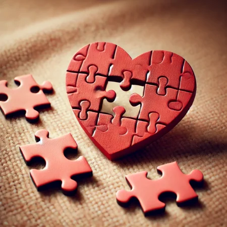 DALL·E 2025-03-12 15.27.22 - A heart-shaped puzzle with a missing piece, placed on a soft and warm background. The puzzle is red and pink, symbolizing love and connection. The mis